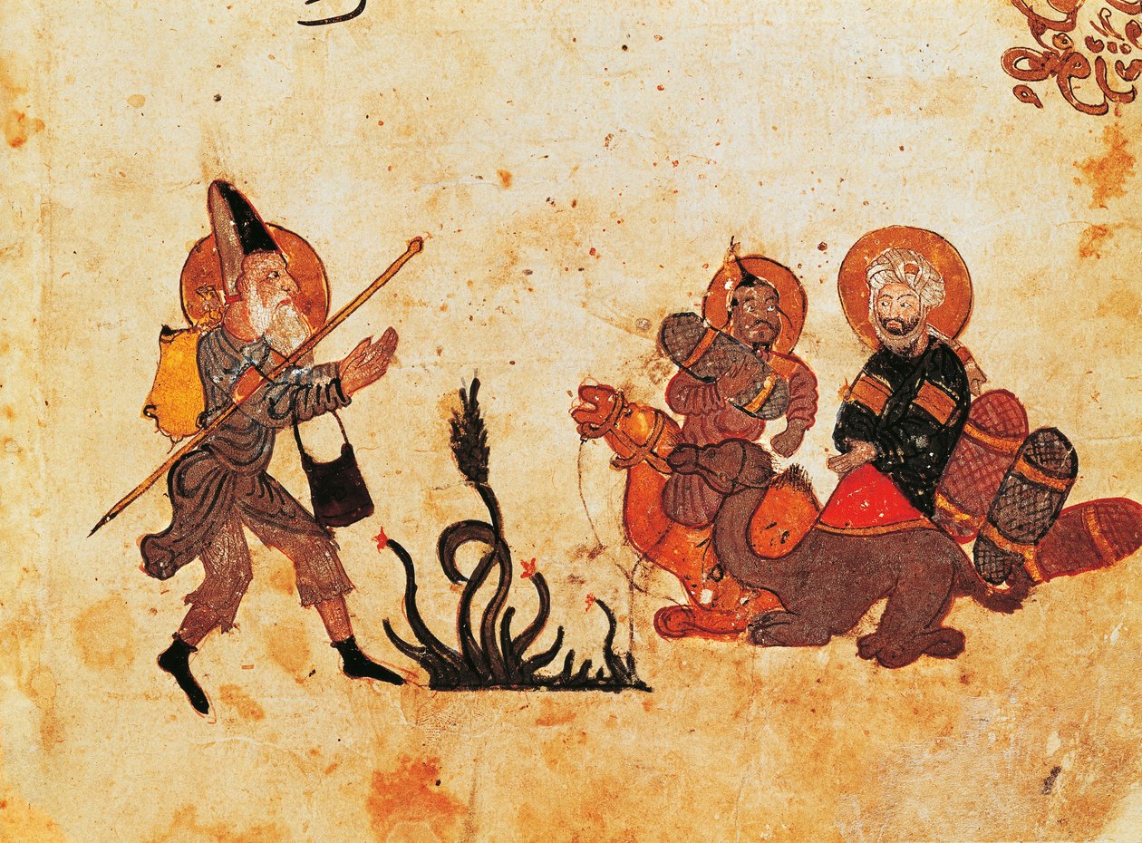 Pani Ar 3929 f. 69, Abu Zayd opuszcza al-Harith podczas pielgrzymki do północnego Iraku, z Al Maqamat, (Spotkania), zilustrowane przez Haririego, druga ćwierć XIII wieku (gwasz na welinie) (zob. autorstwa Persian School