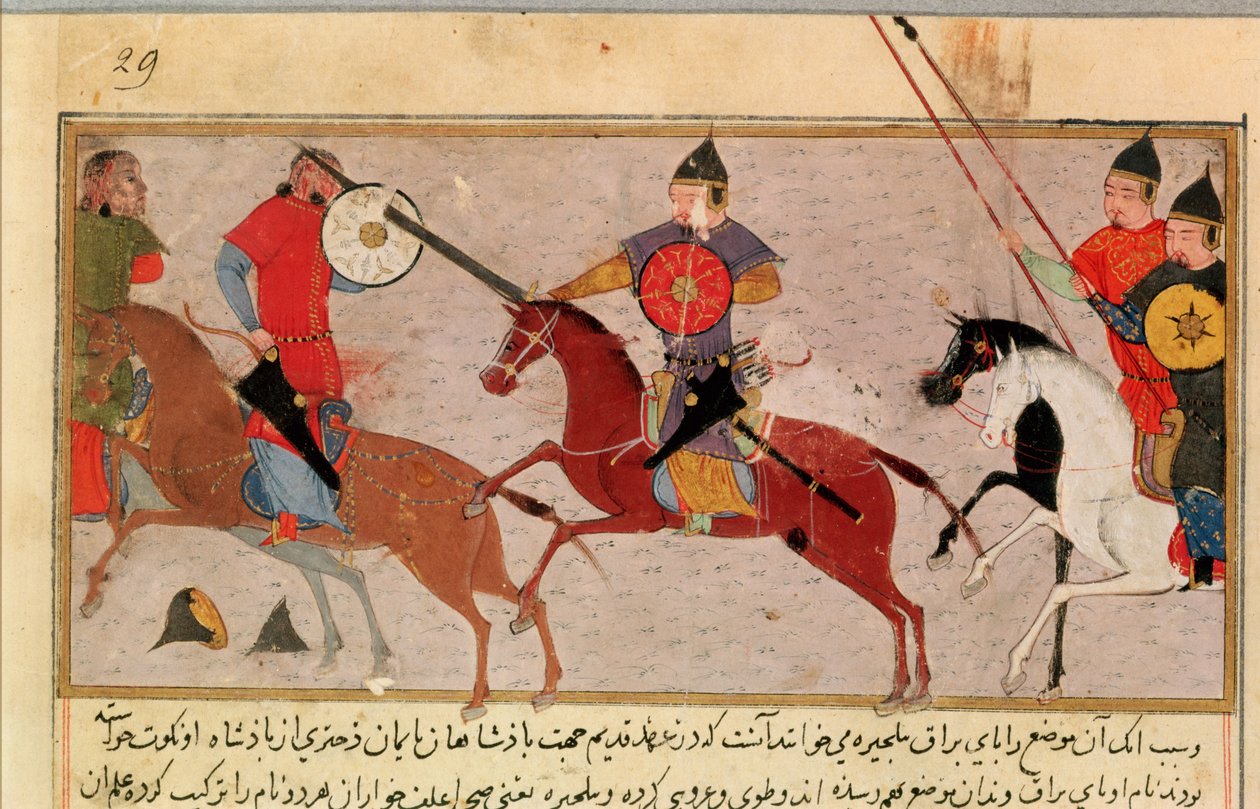Pani Pers.113 f.29 Czyngis-chan (ok.1162-1227) Walka z Tatarami, z książki Raszida al-Dina (1247-1318) (gwasz) autorstwa Persian School