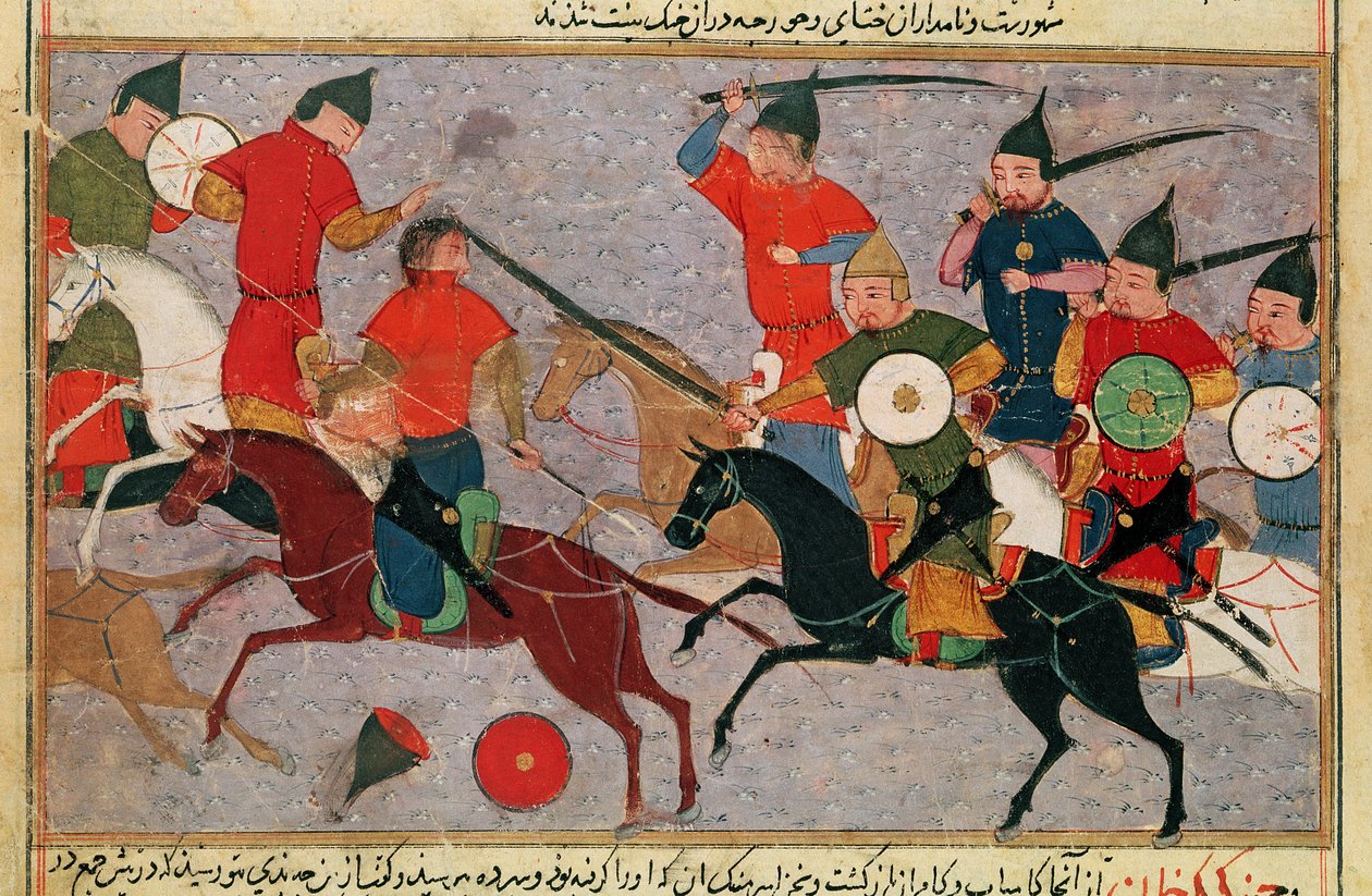 Pani Pers.113 f.49 Czyngis-chan (ok.1162-1227) w bitwie, z książki Raszida al-Dina (1247-1318) (gwasz) autorstwa Persian School