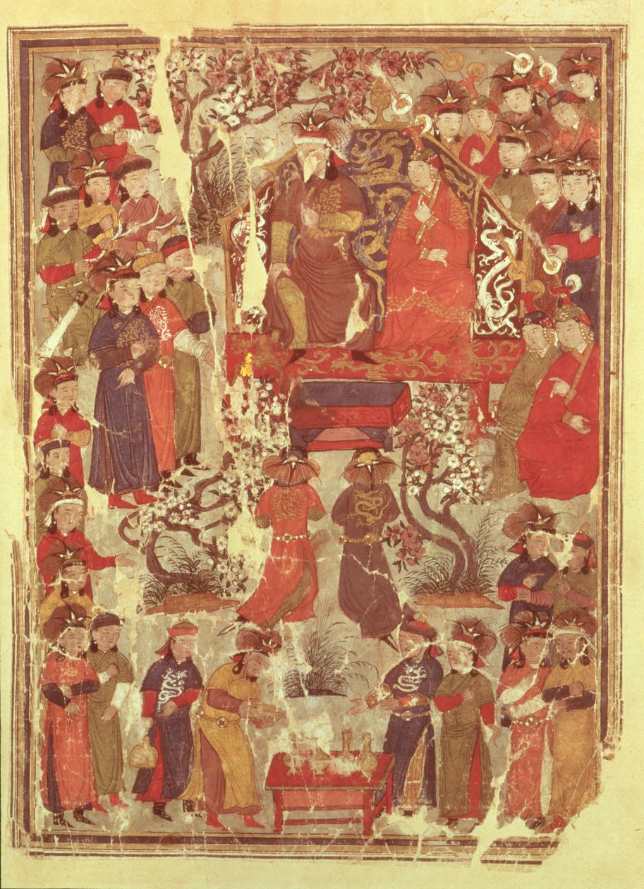 Pani Supp. os. 1113 f.126v Czyngis-chan i jego żona Bortei na tronie przed dworzanami, folio z księgi zatytułowanej Jami al Tawarikh (Historia Powszechna) Raszida ad-Dina (1247-1318) autorstwa Persian School