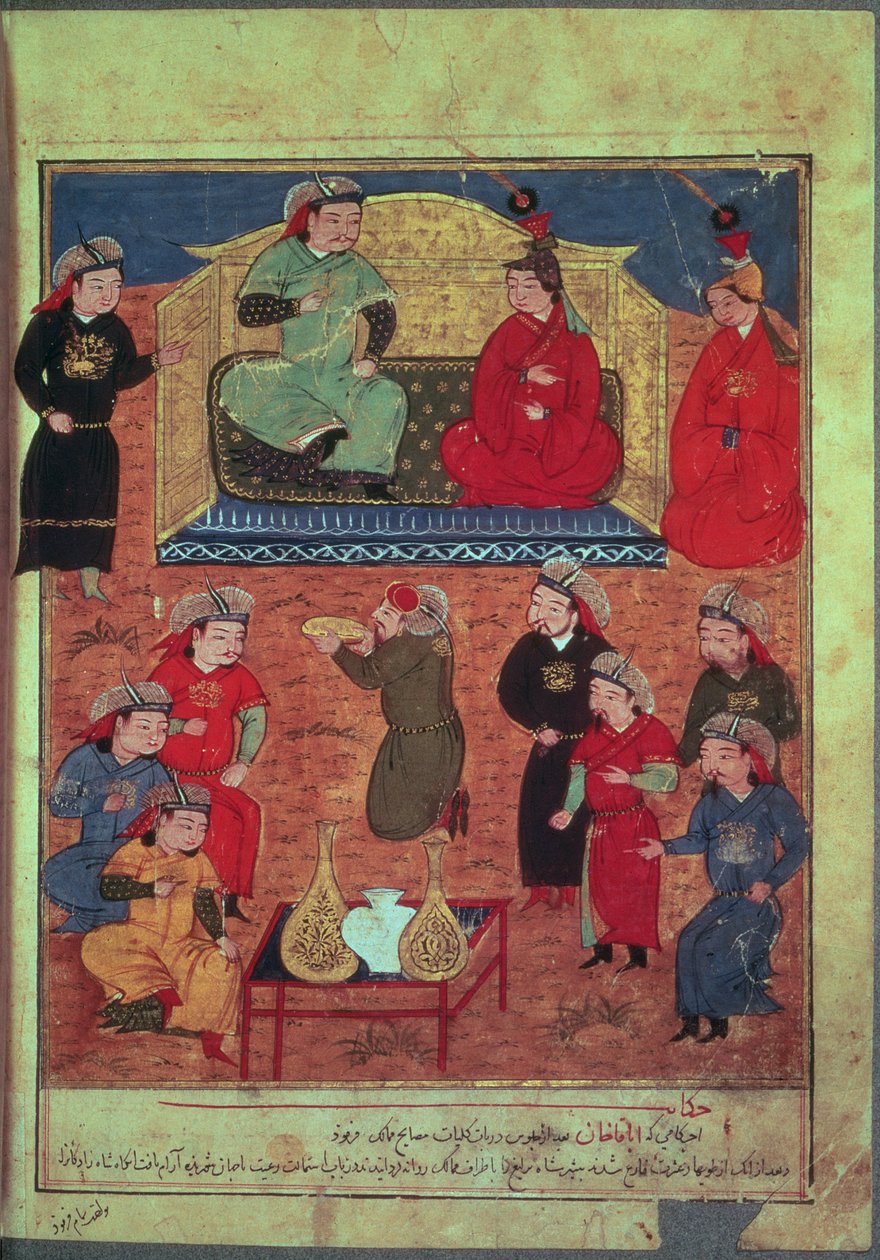 Pani Wsparcie. Zwierzęta. 1113 fol.203v Arhaan Khan z dwiema żonami i synem Ghazanem, z książki Raszida ad-Dina (1247-1318) autorstwa Persian School