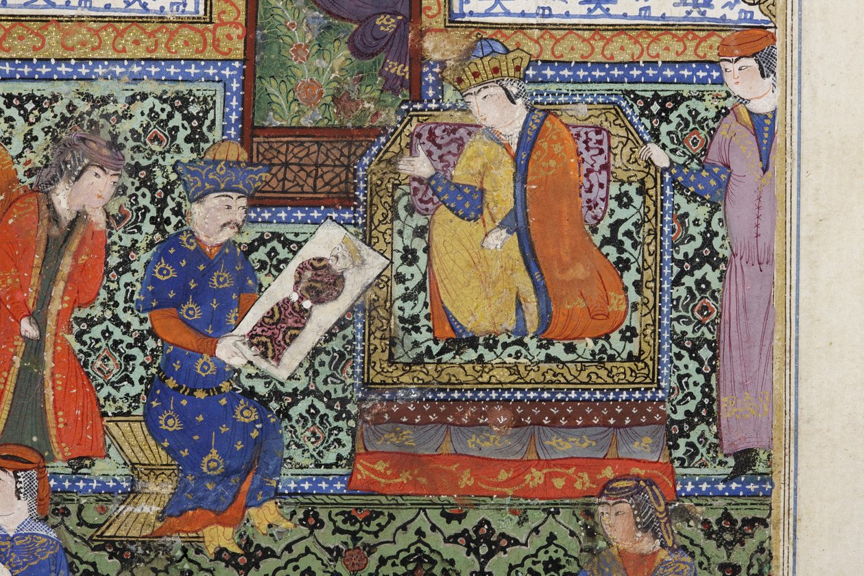 Nushabeh otrzymuje portret Eskandara, ok. 1475 (nieprzezroczyste wc na papierze) autorstwa Persian School