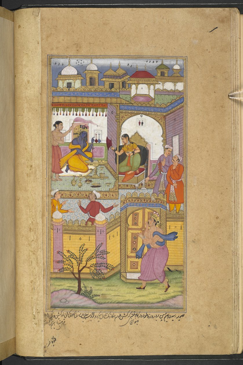 Or.12076 f.13v Bhima przybywający do zamku Dvaraka, aby zaprosić Krisznę do ‘asvamedha’. Kryszna, który jest ze swoją żoną Satyabhamą, udaje, że nie słyszy. (Bhawani) z „Razmnāmah” (ʻKsięga wojnyʼ), tłumaczenie Mahabharaty przez Naqib Khana autorstwa Persian School