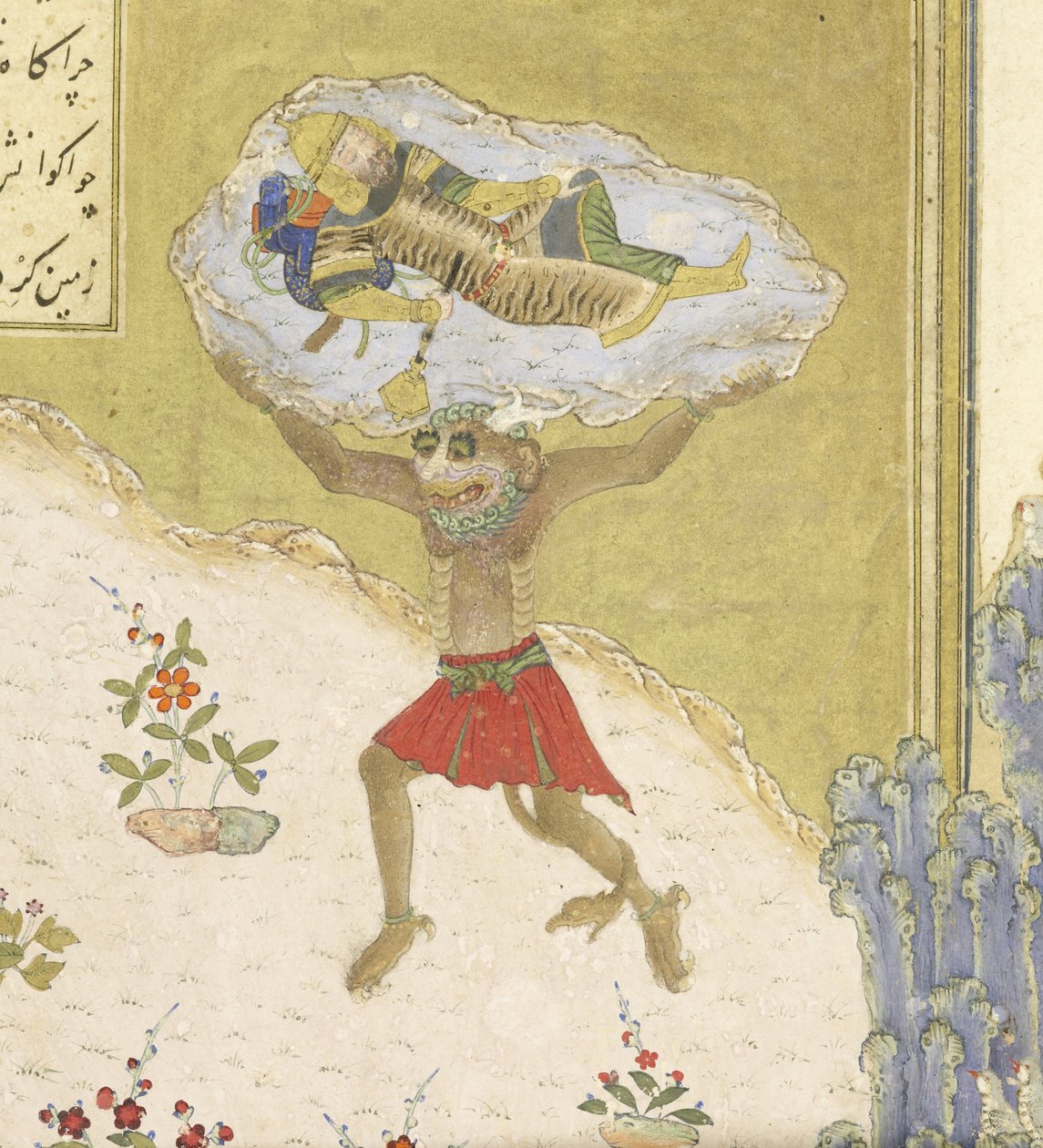 Perski 239 fol.165b Szczegóły: Boski Akwan podnosi śpiącego Rustama, ilustracja z Szahnamy (Księgi Królów), autor Abul-Qasim Mansur Firdawsi (ok. 934-ok. 1020), 1444 r. autorstwa Persian School