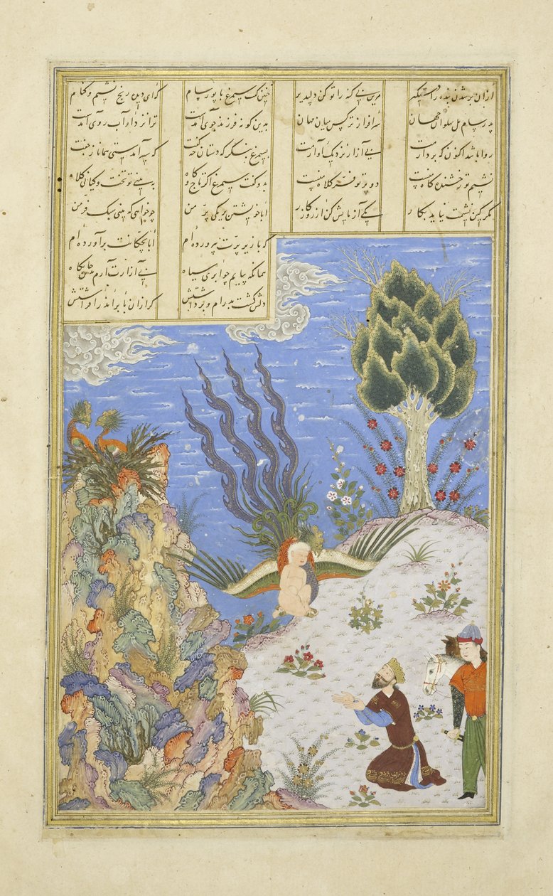 Perski 239 fol.16b Simurgh przywraca Z?l do S?m, ilustracja z Szahnamy (Księgi Królów), autor Abul-Qasim Mansur Firdawsi (ok.934-c.1020) , 1444 autorstwa Persian School