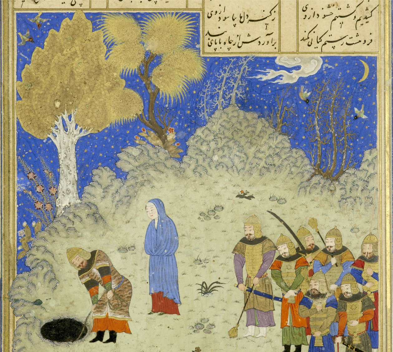 Perski 239 fol.180a Szczegół: Rustam ratuje Bhana z dołu, ilustracja z Szahnamy (Księgi Królów), autor Abul-Qasim Mansur Firdawsi (ok. 934-ok. 1020), 1444 r. autorstwa Persian School