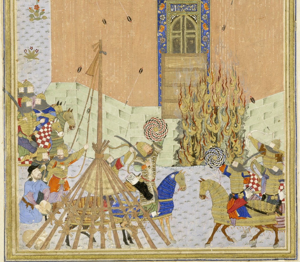 Perski 239 fol.223a Szczegół: Twierdza Gang Dizh zaatakowana minami, ilustracja z Szahnamy (Księgi Królów), autor Abul-Qasim Mansur Firdawsi (ok. 934-ok. 1020), 1444 r. autorstwa Persian School