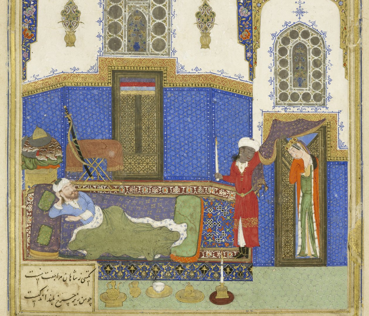Perski 239 fol.56b Szczegóły: Tahm?nah przychodzi do Rustama, ilustracja z Szahnamy (Księga Królów), autor Abul-Qasim Mansur Firdawsi (ok. 934-ok. 1020), 1444 r. autorstwa Persian School