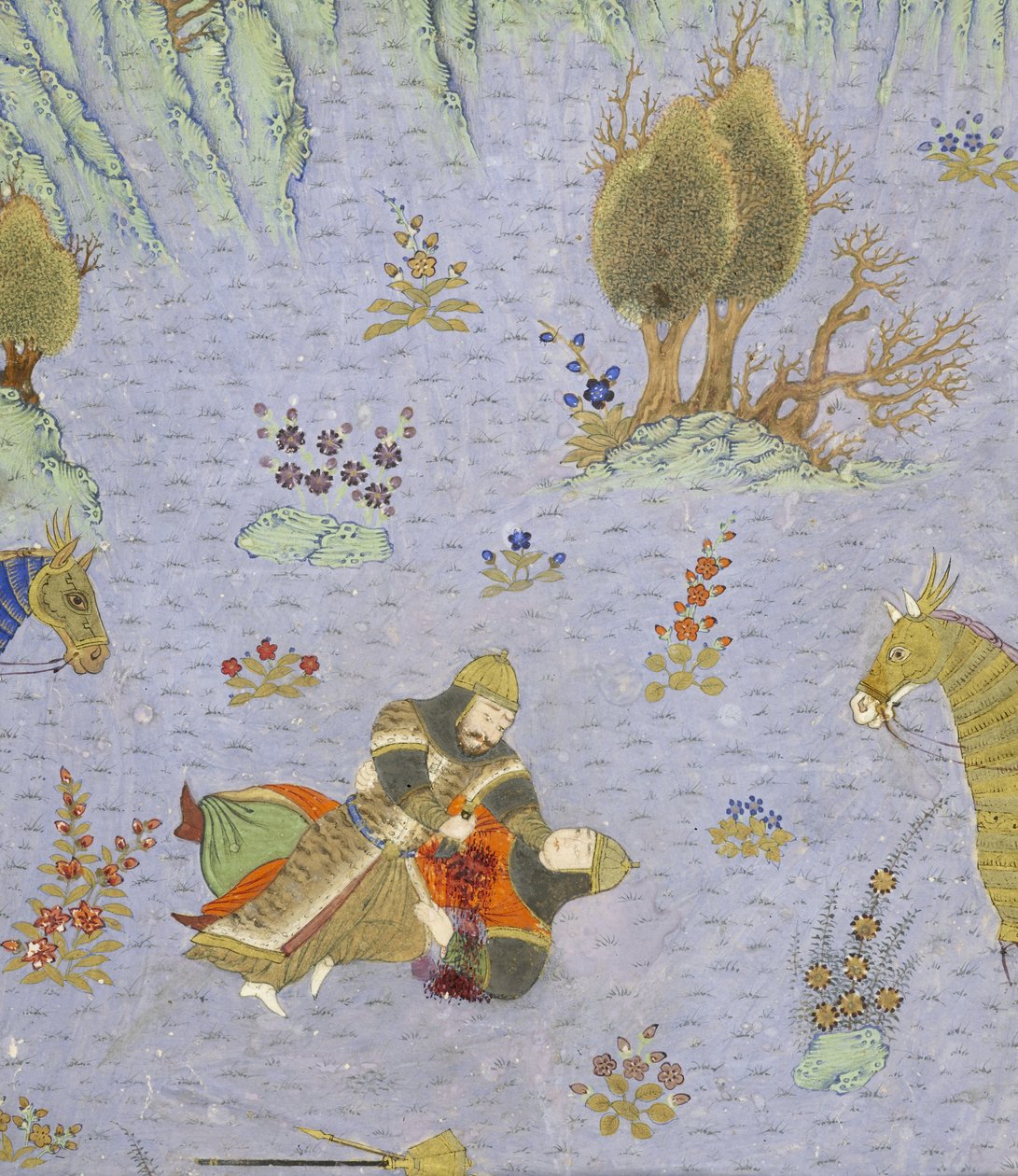 Perski 239 fol.67b Szczegół: Suhr?b zabity przez Rustama, ilustracja z Szahnamy (Księga Królów), autor Abul-Qasim Mansur Firdawsi (ok. 934-ok. 1020), 1444 r. autorstwa Persian School