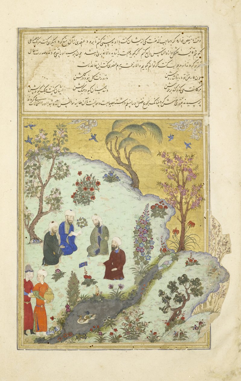 Perski 239 fol.7a Firdausi spotyka się z nadwornymi poetami Ghazni, ilustracja z Szahnamy (Księgi Królów), autor Abul-Qasim Mansur Firdawsi (ok.934-ok.1020), 1444 autorstwa Persian School