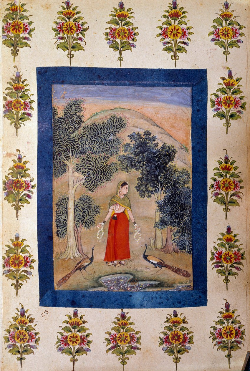 Persian Art: dama z dwoma kwiecistymi naszyjnikami, które prezentuje, ma dwa pawie. perska miniatura autorstwa Persian School