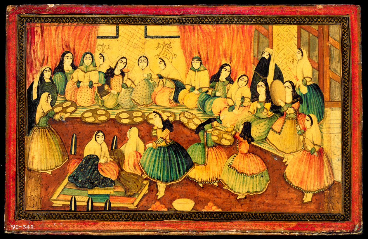 Przyjęcie towarzyskie pań perskich, pół okładki książki, Iran, XIX w. (kolorowa papier mache ze złotem i atramentem) autorstwa Persian School