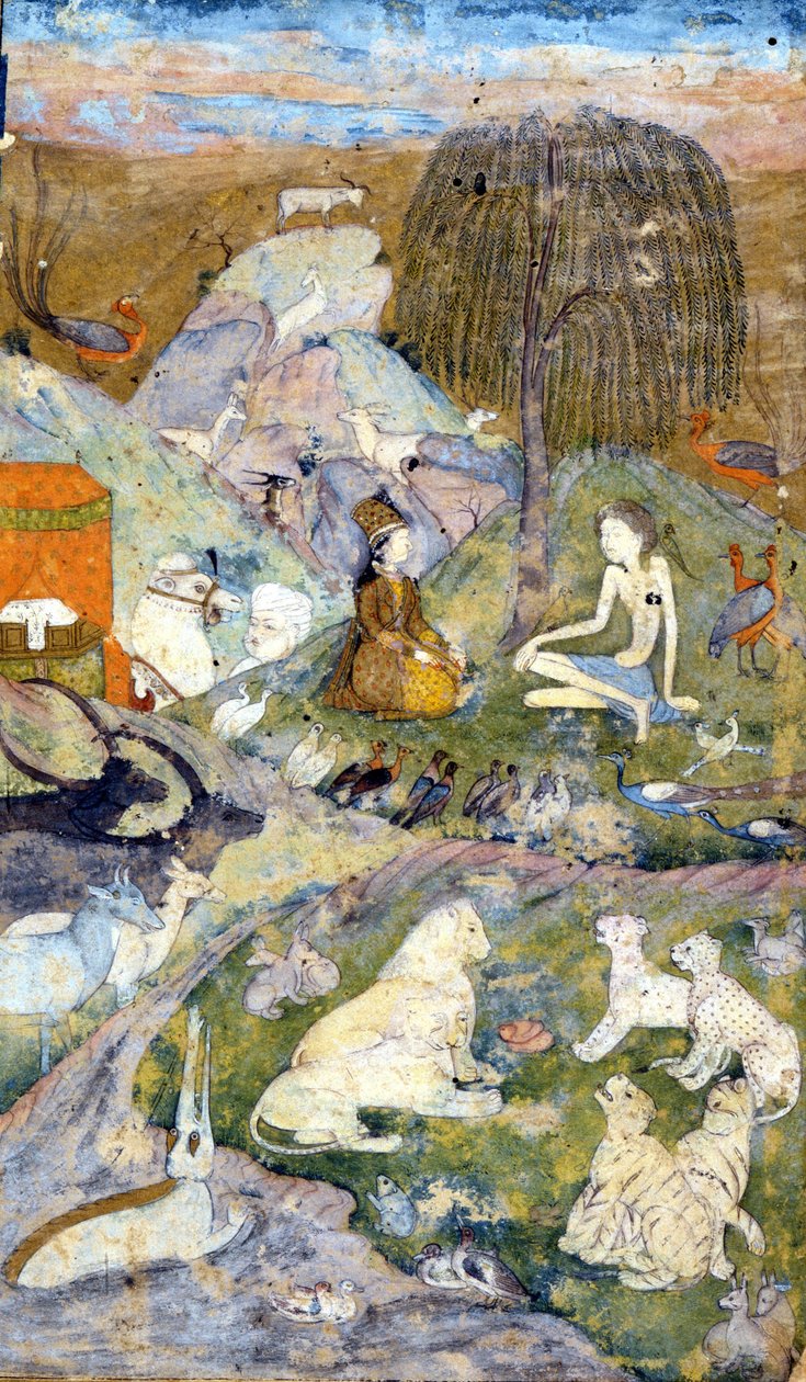 Perska miniatura z XVII wieku przedstawiająca stworzenie świata: obok drzewa życia przedstawiony jest mężczyzna i kobieta, a także wszystkie zwierzęta. Zoroastryzm: religia Zaratustry (Zaratustra, Zaratusztra, Zaratustra lub Zoroastra) autorstwa Persian School