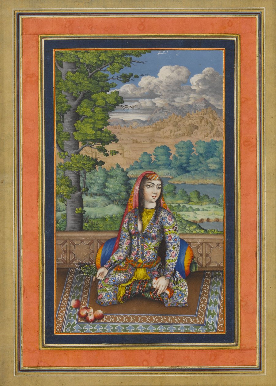 Portret damy perskiej, folio z albumu Davisa, ok. 1736-37 (tusz, nieprzezroczysta akwarela i złoto na papierze) autorstwa Persian School