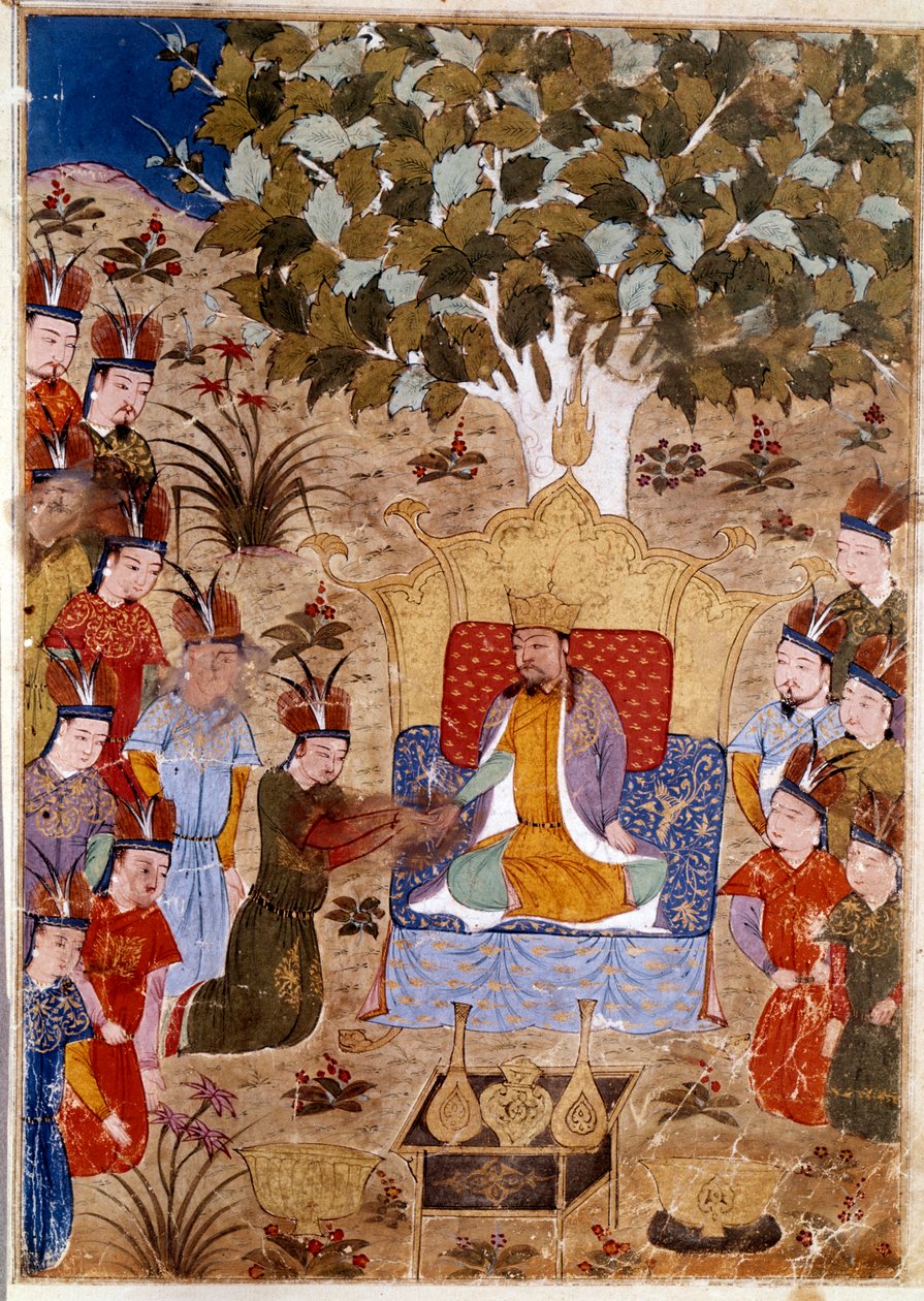 Reprezentacja Chaghtai Chana (1227-1242) na tronie, jest synem Czyngis-chana na koniu. Perska miniatura zaczerpnięta z Jami al-Tawarikh” (Jami al tawarikh) lub „”Historia uniwersalna”” przez historyka Rashida al-dina (al din) (1247-1318) Około 1430 r. autorstwa Persian School