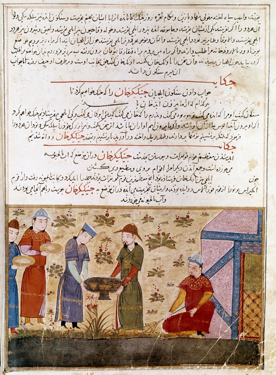 Reprezentacja Czyngis-chana (1162-1227) zawierająca sojusze. Perska miniatura zaczerpnięta z „”Jami al-tawarikh”” (Jami al-tawarikh) lub „”Universal History”” przez historyka Rashida al-dina (aldin) (1247-1318) Około 1430 r. Paryż, B.N. autorstwa Persian School