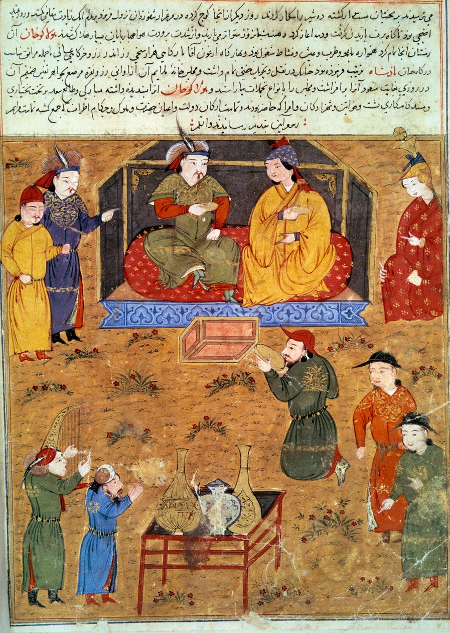 Reprezentant Houlagou Khana (1217-1265), jest wnukiem perskiej miniatury Czyngis-chana zaczerpniętej z „”Jami al-tawarikh”” (Jami al-tawarikh) lub „”Universal History”” przez historyka Raszida al-dina (al. din) (1247-1318) Około 1430. Paryż, B.N. autorstwa Persian School