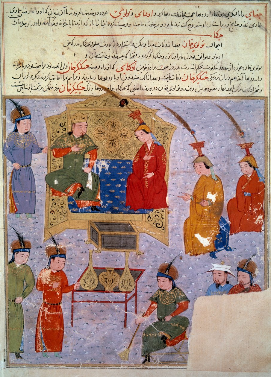 Reprezentant Houlagou Khana (1217-1265), jest wnukiem perskiej miniatury Czyngis-chana zaczerpniętej z „”Jami al-tawarikh”” (Jami al-tawarikh) lub „”Universal History”” przez historyka Raszida al-dina (al. din) (1247-1318) Około 1430. Paryż, B.N. autorstwa Persian School