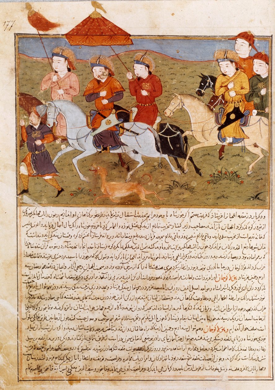 Reprezentacja Houlagou Chana, wnuka jeździeckiego Czyngis-chana. Perska miniatura zaczerpnięta z Jami al-Tawarikh” (Jami al tawarikh) lub „”Universal History”” przez historyka Rashida al-dina (aldin) (1247-1318) Około 1430 r. Paryż, B.N. autorstwa Persian School