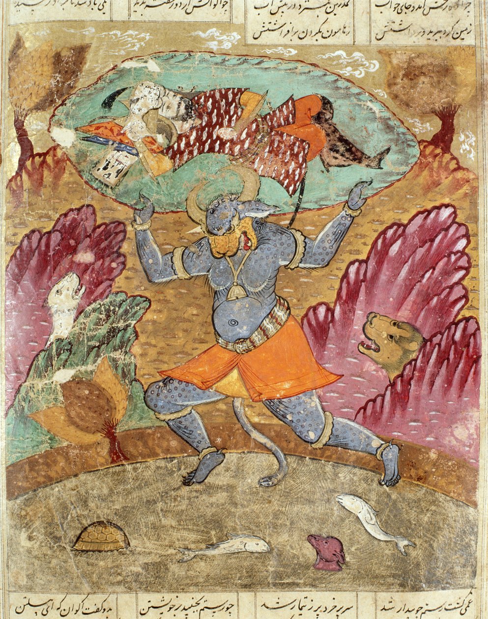 Rostam niesiony przez Akwan-Diwę, ilustracja z Shahnama (Księgi Królów) autorstwa Abul-Qasima Manura Firdawsiego (ok.934-c.1020) 1619 autorstwa Persian School
