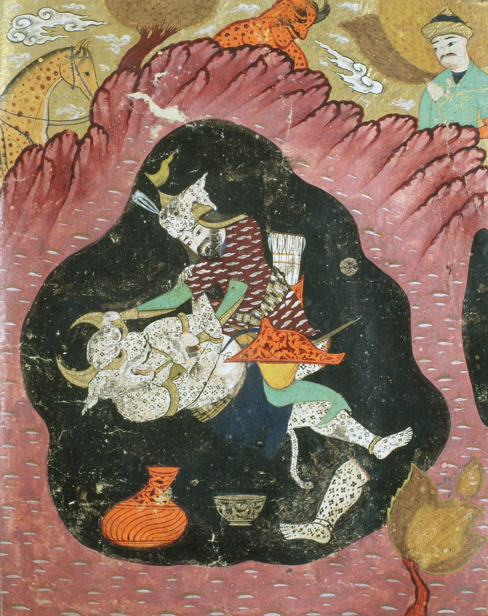 Rostam zabija Białego Demona w jaskini, ilustracja z Shahnama (Księgi Królów) autorstwa Abul-Qasima Manura Firdawsiego (ok.934-c.1020) 1615 autorstwa Persian School