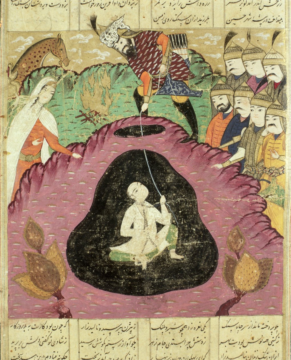 Rostam wyciągający Bidżana z jaskini, ilustracja z Shahnama (Księgi Królów) autorstwa Abul-Qasima Manura Firdawsiego (ok.934-c.1020) 1619 autorstwa Persian School