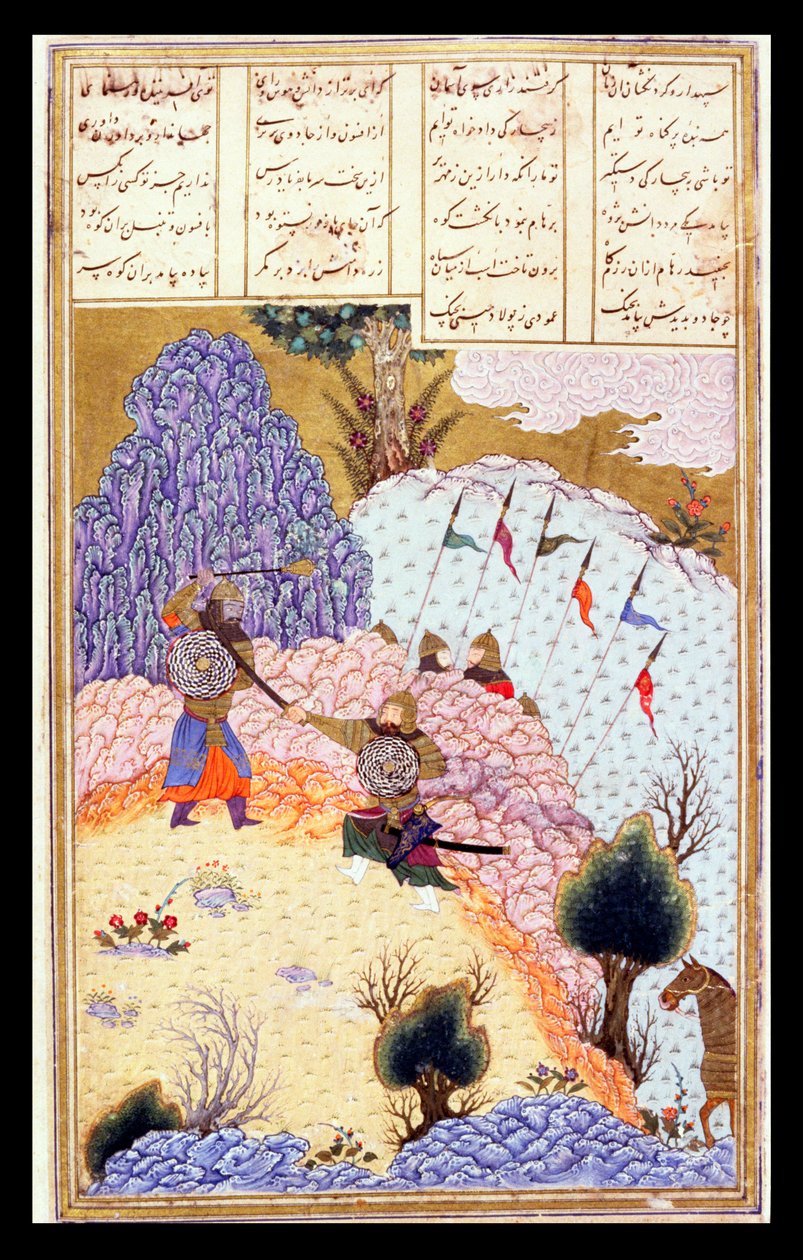 Ruhham atakuje turańskiego czarnoksiężnika, ilustracja z Shahnama (Księgi Królów), Abul-Qasim Manur Firdawsi (ok.934-c.1020) ok.1440-45 (pióro, atrament i toaleta na welinie) autorstwa Persian School