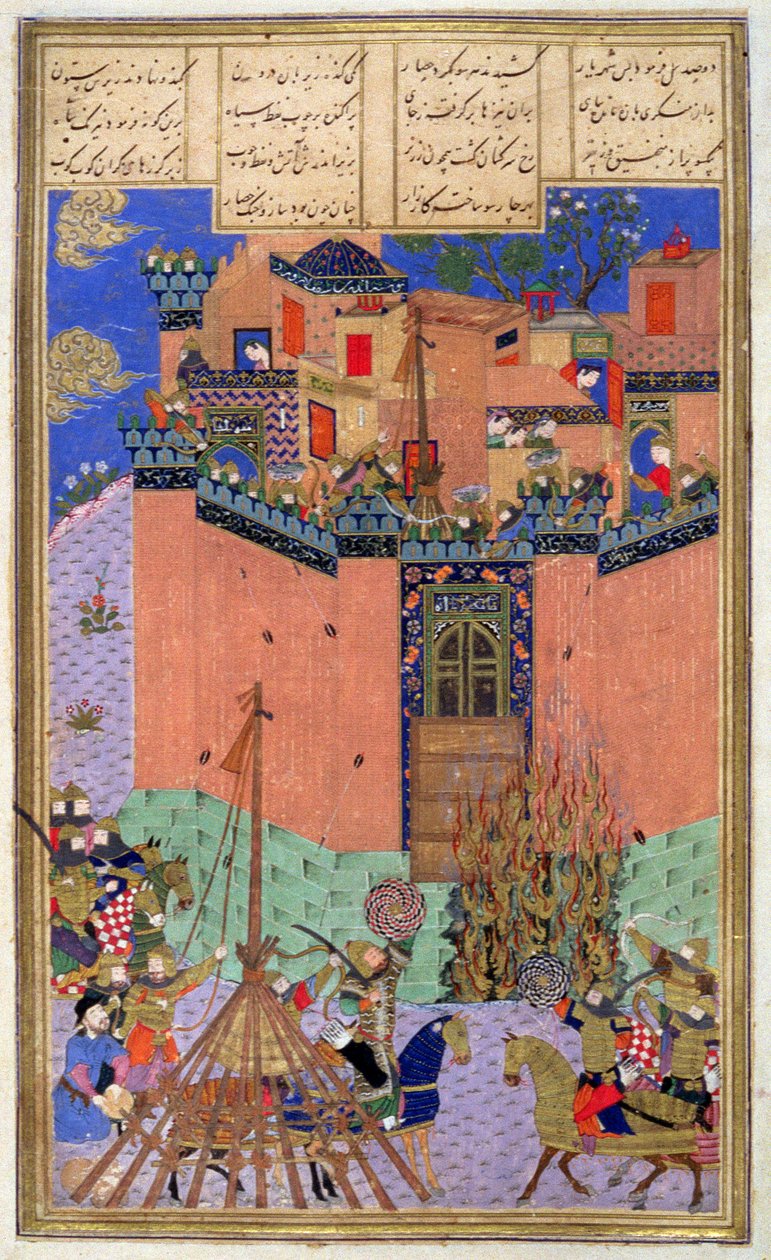 Rustam kierujący oblężeniem gangu Bihisht, ilustracja z Shahnama (Księgi Królów), autorstwa Abul-Qasima Manura Firdawsiego (ok.934-c.1020) ok.1440-45 (pióro, atrament i toaleta na welinie) autorstwa Persian School