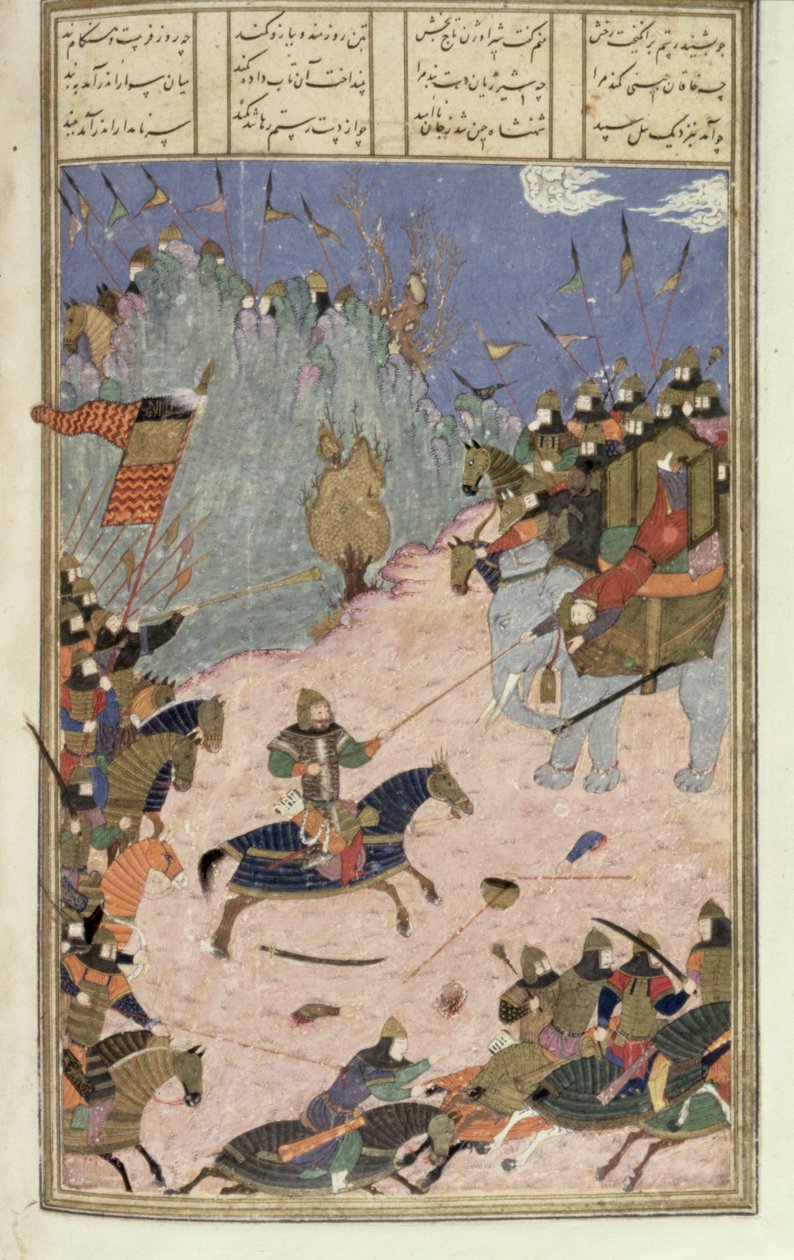 Rustam wyciąga Khaqana ze swojego słonia, ilustracja z Shahnama (Księgi Królów), autorstwa Abul-Qasima Manura Firdawsiego (ok.934-c.1020) ok.1440-45 (pióro, atrament i toaleta na welinie) autorstwa Persian School