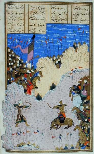 Rustam strzela do Ashkabusa i jego konia, ilustracja z 