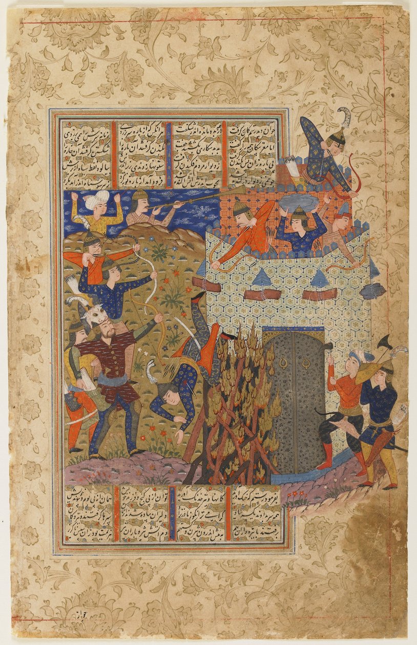 Rustam i jego ludzie atakują fortecę Gang Dizh z Shahnama autorstwa Persian School