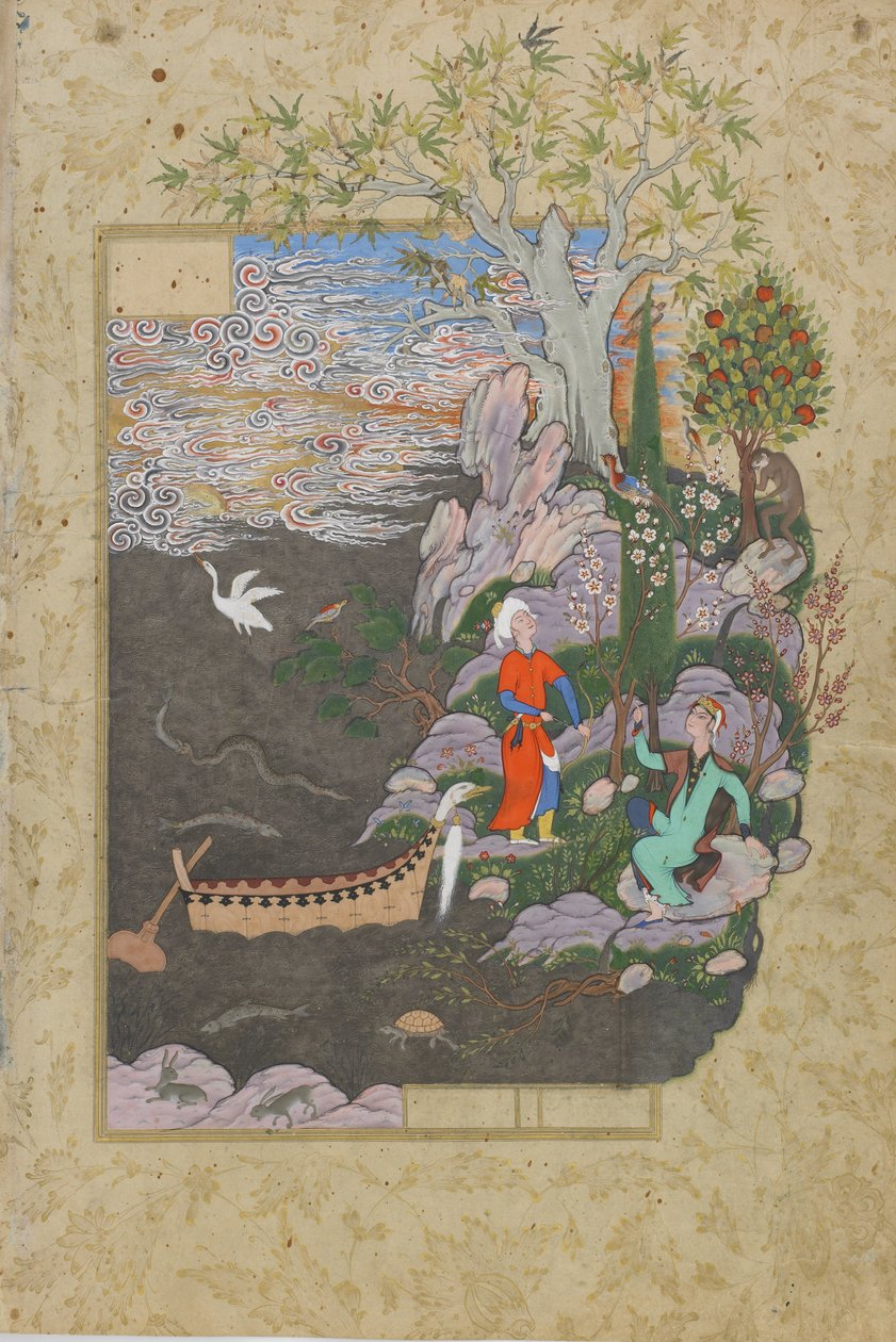 Salaman i Absal spoczywają na szczęśliwej wyspie, folio z Haft awrang (Siedem tronów) Jamiego (zm. 1492), prawdopodobnie Maszad, Khurasan, Iran, dynastia Safawidów, 1556-1565 (atrament, nieprzezroczysta akwarela i złoto na str. autorstwa Persian School