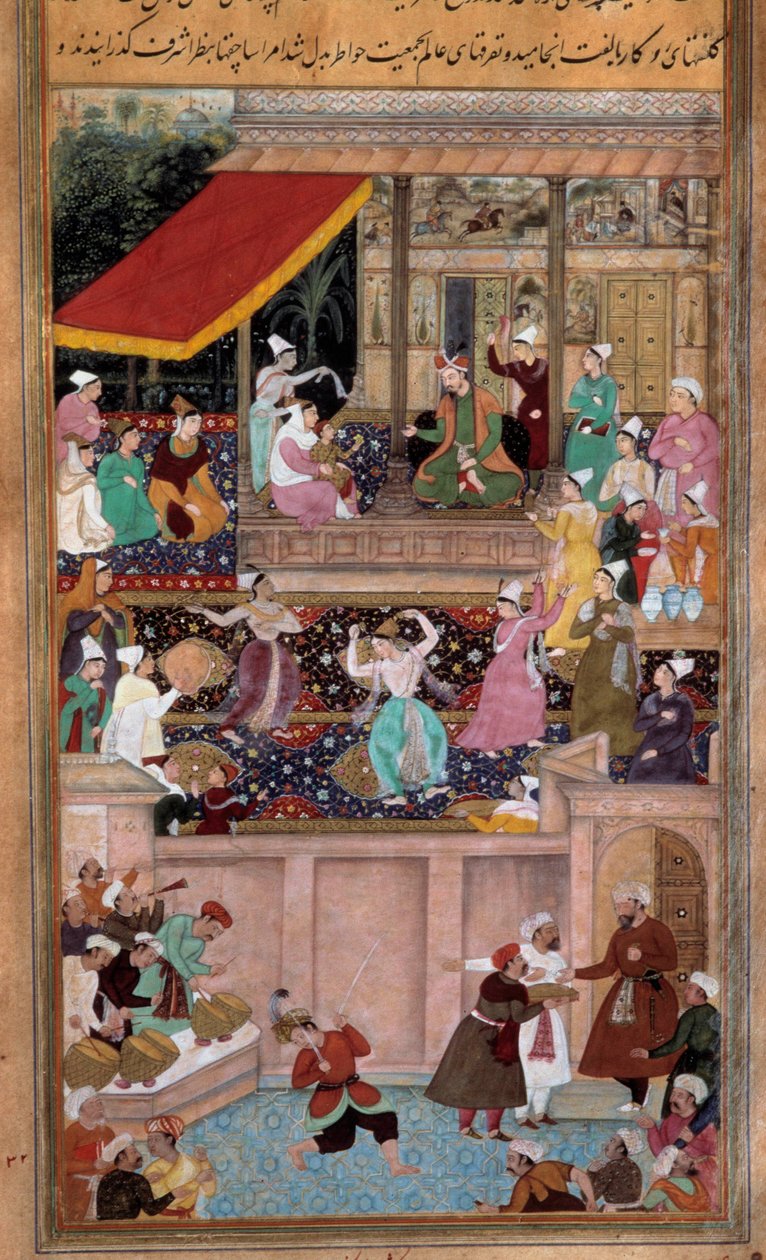 Scena tańców, muzyki, zabawy na dworze sułtana. perska miniatura autorstwa Persian School