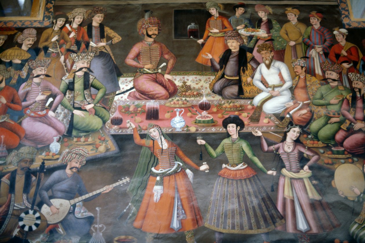 Szach Abbas I Wielki przyjmujący Nadr Vali Muhammada Chana z chanatu Buchary, sala recepcyjna autorstwa Persian School