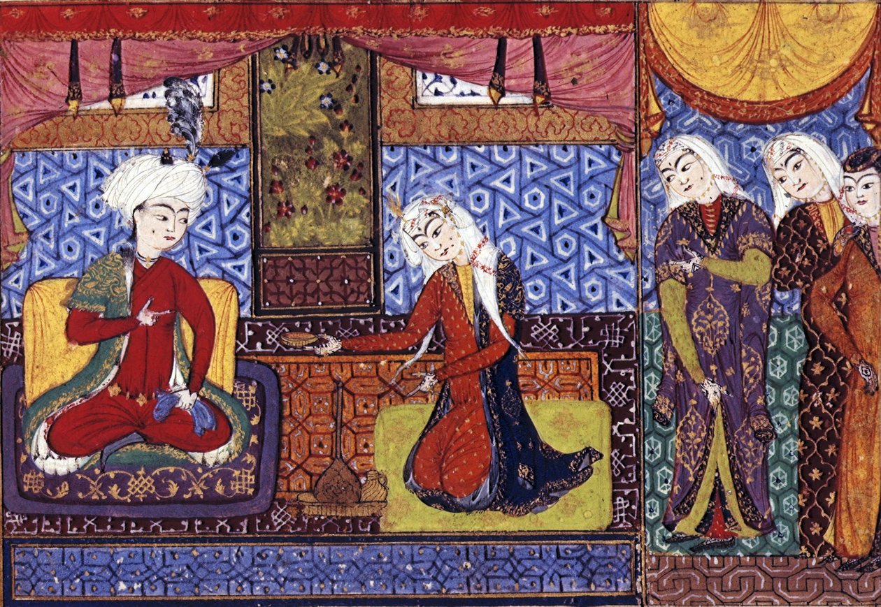 Shakar z Isfahanu oferujący wino Khusraw, ok. 1505 autorstwa Persian School