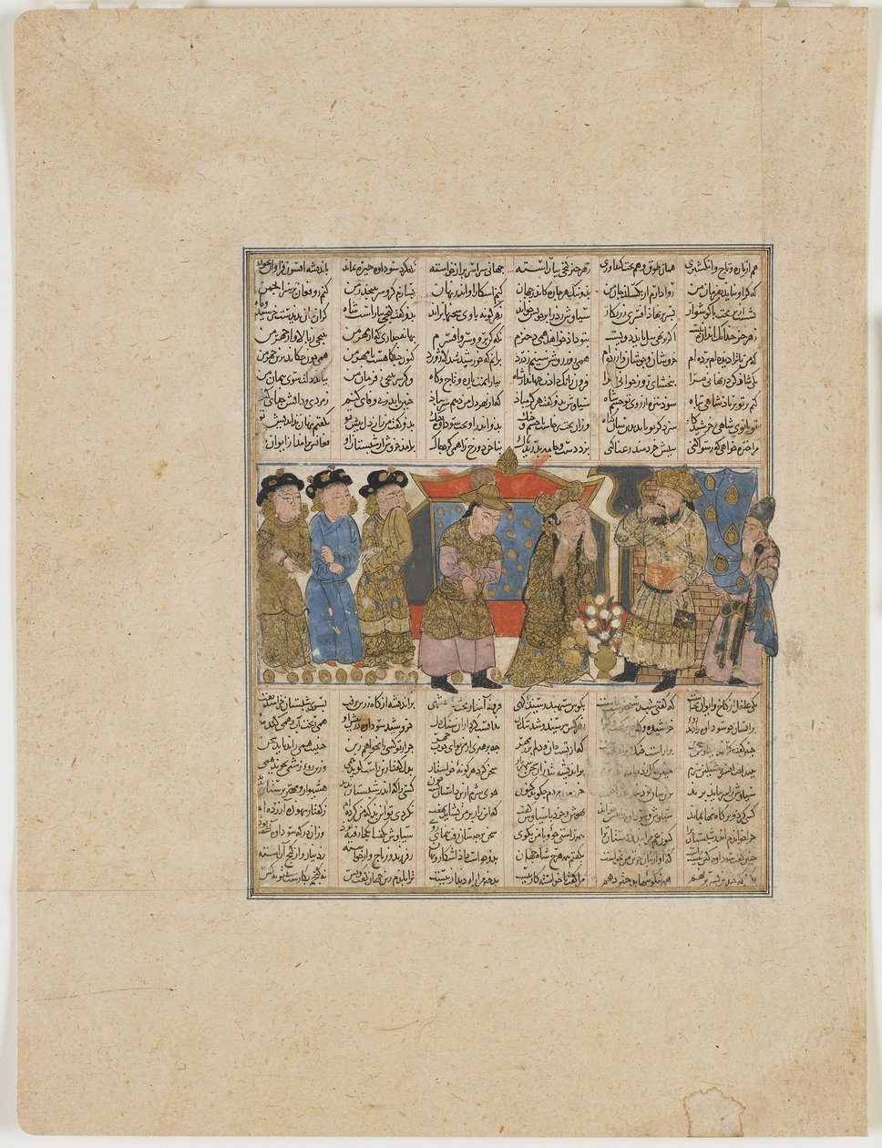 Sudaba oskarżający Siyavush, z Shahnama (Księgi Królów) Firdawsiego (zm. 1020) (nieprzezroczysta akwarela, atrament, złoto i srebro na papierze) autorstwa Persian School