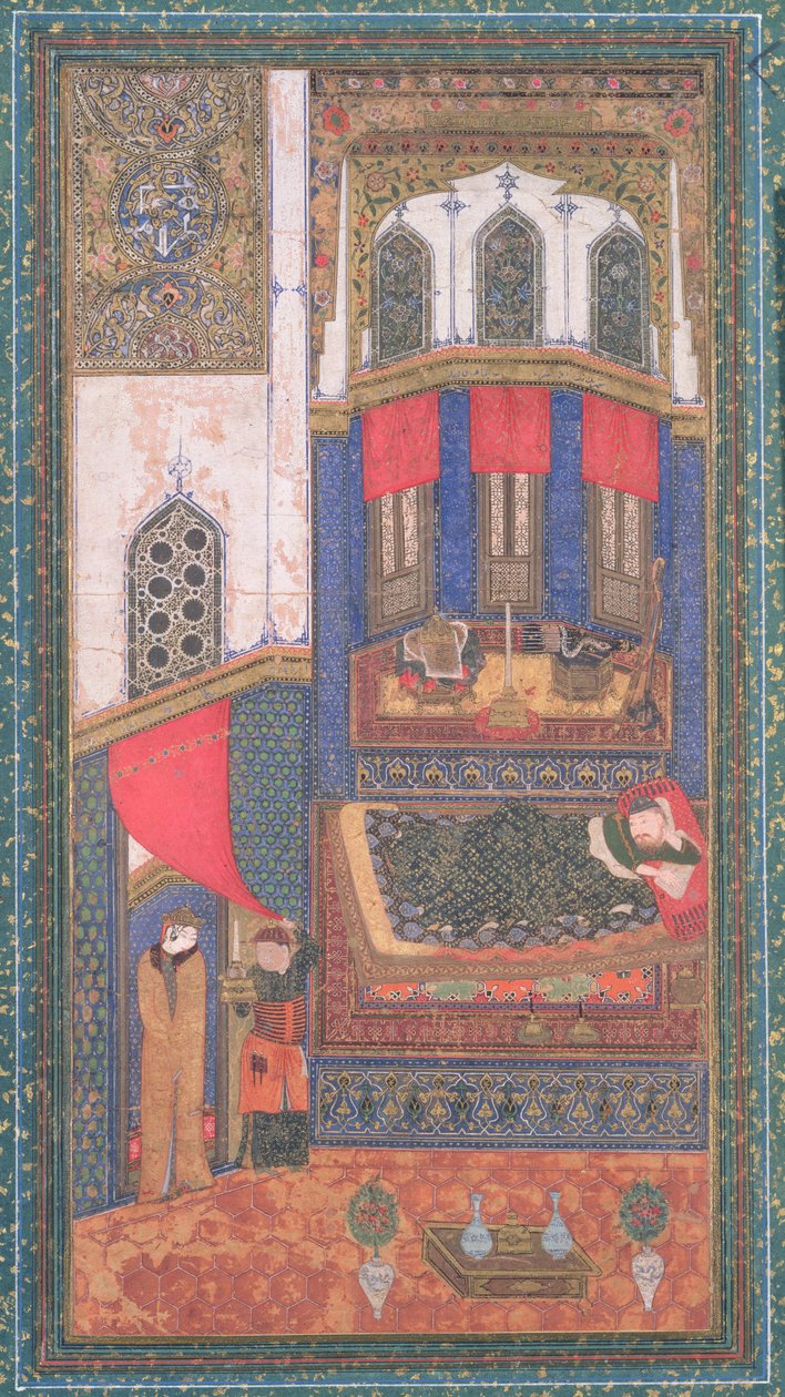 Tahmina wchodzi do komory Rustams, ilustracja z Shahnama (Księgi Królów), autorstwa Abul-Qasima Manura Firdawsiego (ok.934-c.1020), z Heratu, Afganistan, ok.1410 (nieprzezroczysta toaleta i złoto na papierze) autorstwa Persian School