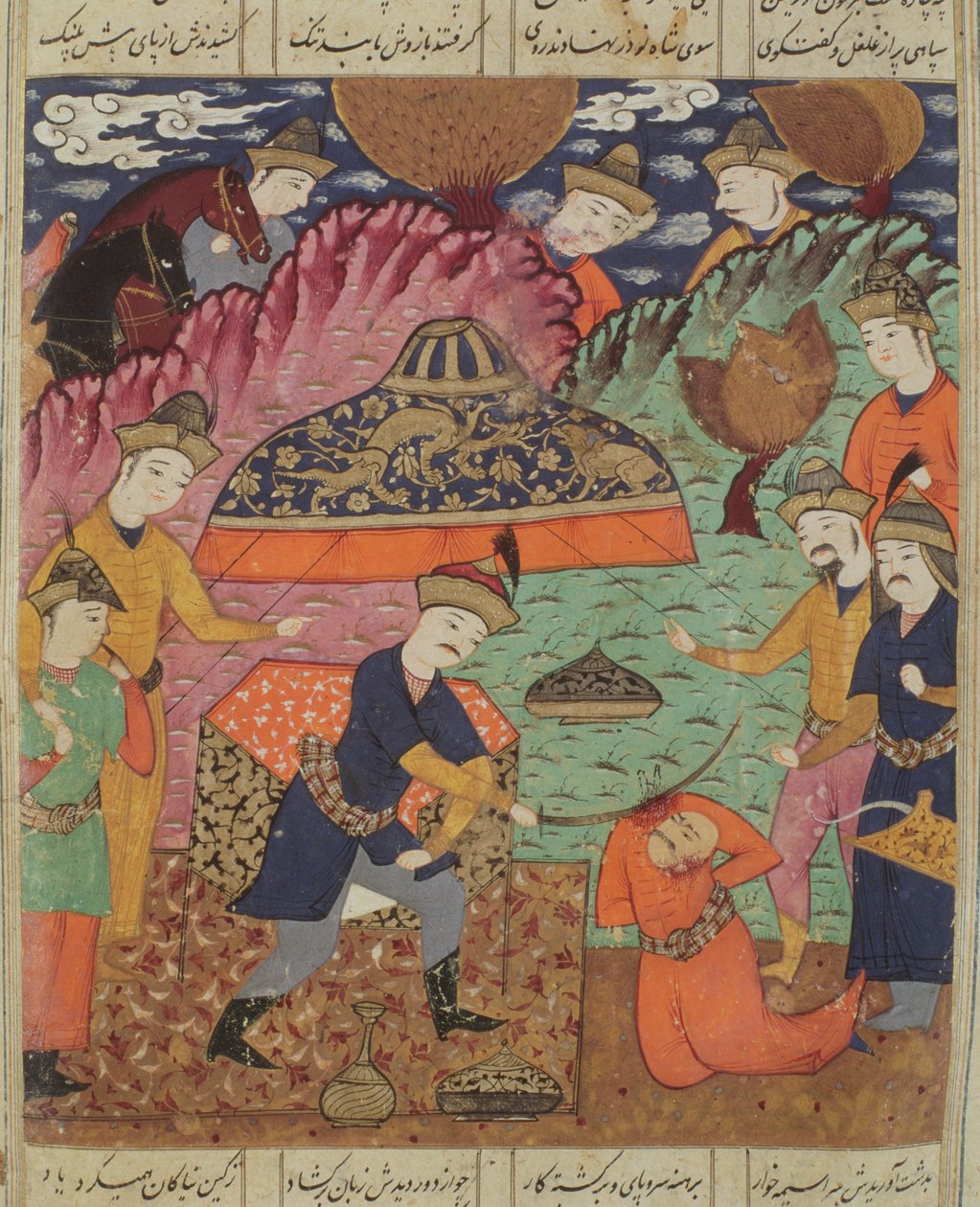 Ścięcie Nouzaura, ilustracja z „Shahnama” (Księgi Królów) autorstwa Abu