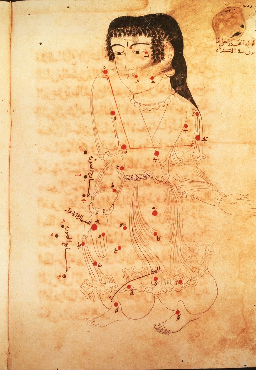 Konstelacja Panny, ilustracja z „Księgi gwiazd stałych” Azophiego (Abd al-Rahman al-Sufi) (welum) autorstwa Persian School