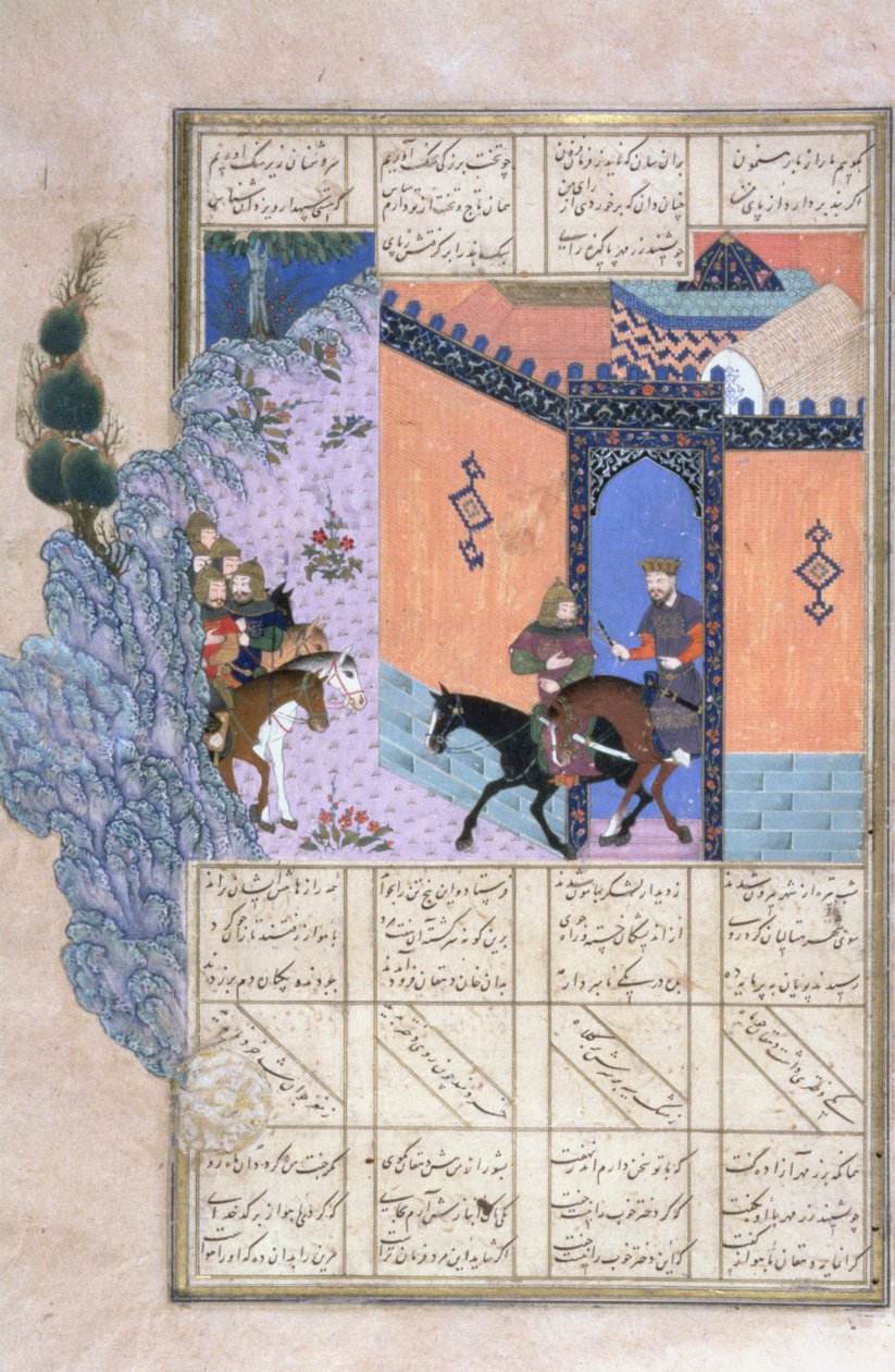 Ucieczka Qubad, ilustracja z Shahnama (Księgi Królów), Abul-Qasim Manur Firdawsi (ok.934-c.1020) ok.1440-45 (pióro, atrament i toaleta na welinie) autorstwa Persian School