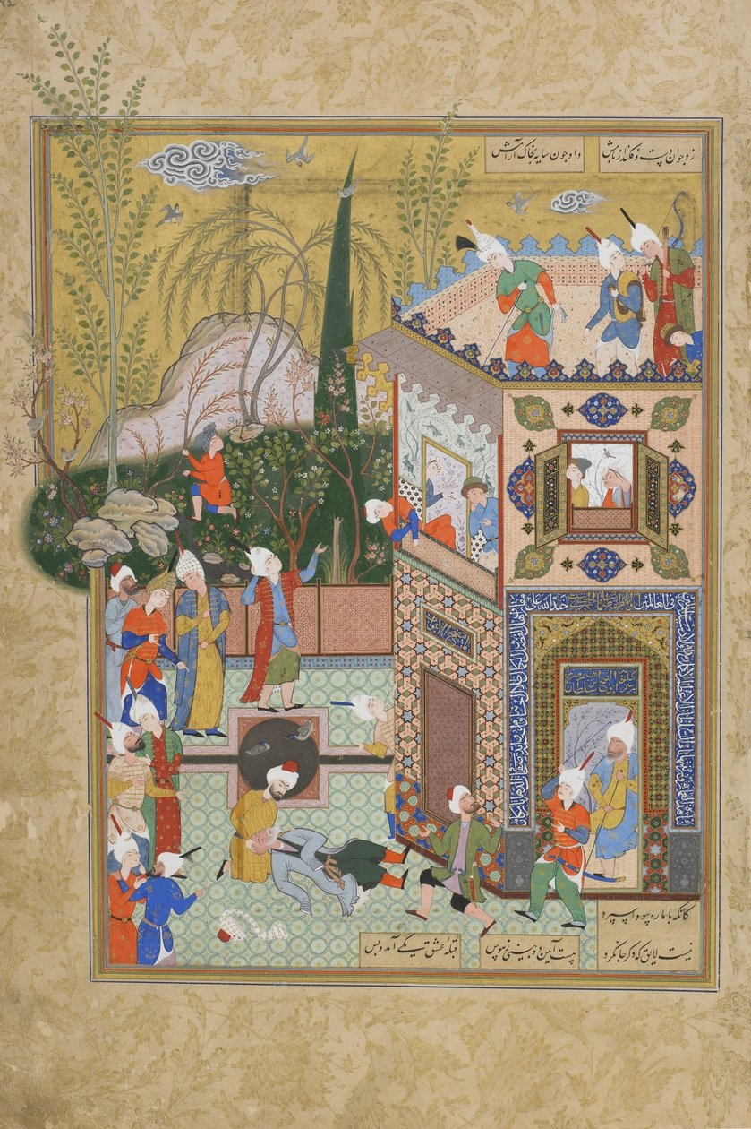 Kapryśny stary kochanek jest strącony z dachu, folio z Haft awrang (Siedem tronów) autorstwa Jamiego (zm.1492), prawdopodobnie Meszad, Khurasan, Iran, dynastia Safawidów, 1556-1565 (atrament, nieprzezroczysta akwarela i złoto autorstwa Persian School