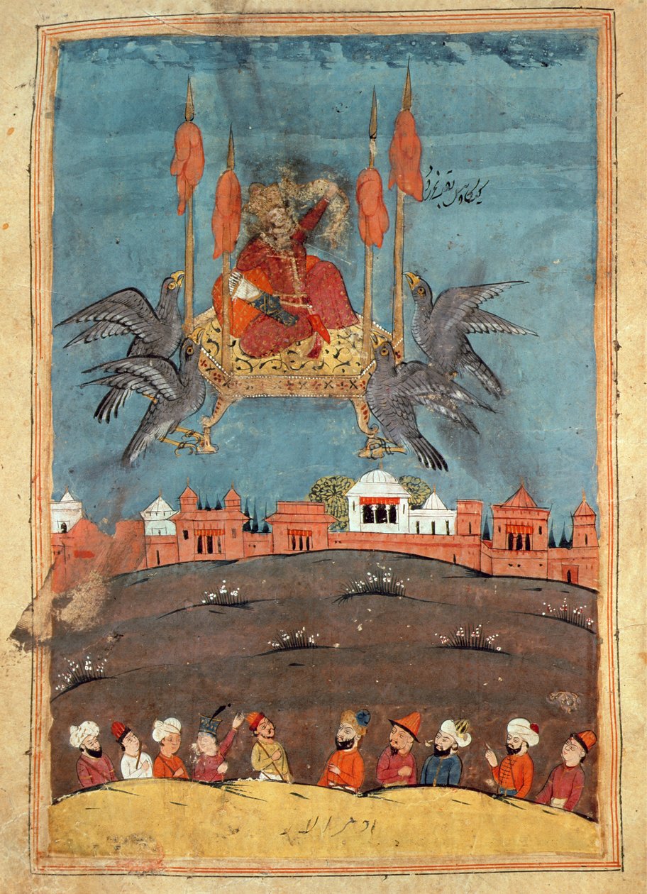 Latający dywan, z wiersza Nizami „Layla i Majnun” (gwasz na papierze) autorstwa Persian School