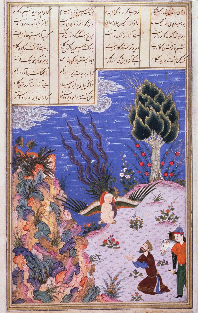 Simurgh przywraca dziecko Zal swemu ojcu Samowi, ilustracja z Shahnama (Księgi Królów), autorstwa Abul-Qasima Manura Firdawsiego (ok.934-c.1020) ok.1440-45 (pióro, atrament i toaleta na welinie) autorstwa Persian School
