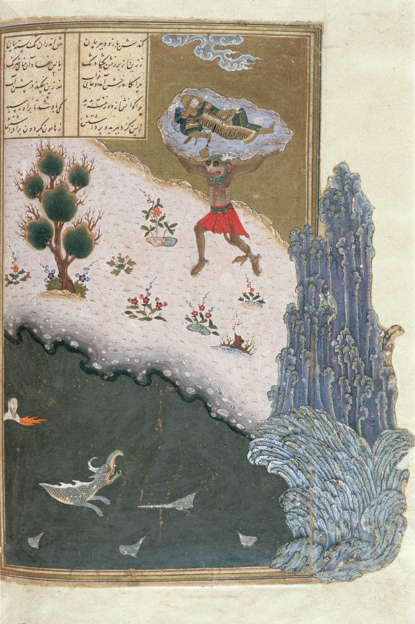 Śpiący Rustam niesiony w powietrzu przez demona Akwana, ilustracja z Shahnama (Księgi Królów), autorstwa Abul-Qasima Manura Firdawsiego (ok.934-c.1020) ok.1440-45 (pióro, atrament i toaleta na welinie ) autorstwa Persian School