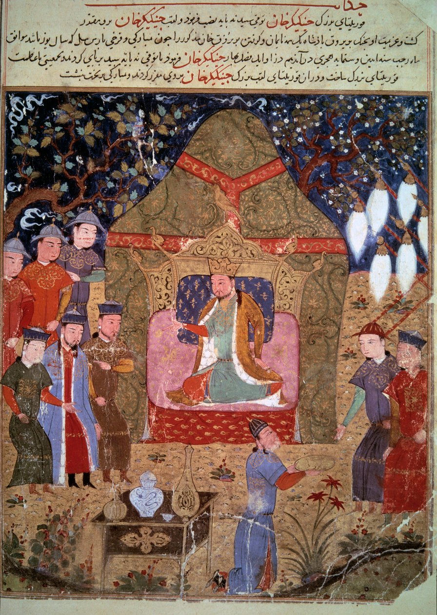 Dwór cesarza mongolskiego Czyngis-chana (1162-1227), reprezentujący Centrum Miniatur Perskich z „Jami al-Tawarikh” (Jami al-Tawarikh) (lub historii powszechnej) przez historyka Raszida al-Dina (al Din) (1247-1318) ), około 1430. Paryż, B.N. autorstwa Persian School