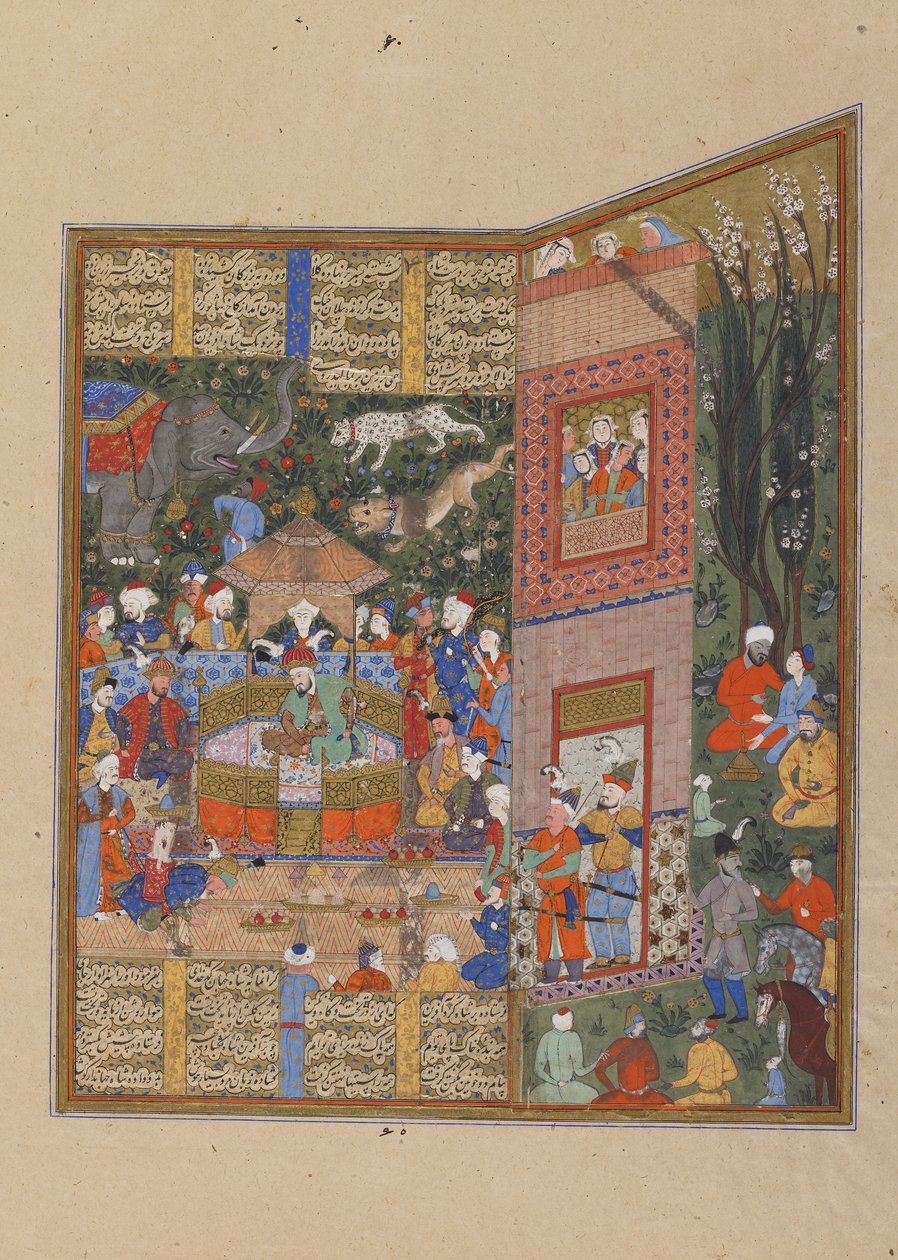 Wysłannicy Salma i Tura przed Faridunem, ok. 1560 (nieprzezroczysta akwarela, tusz i złoto na papierze) autorstwa Persian School