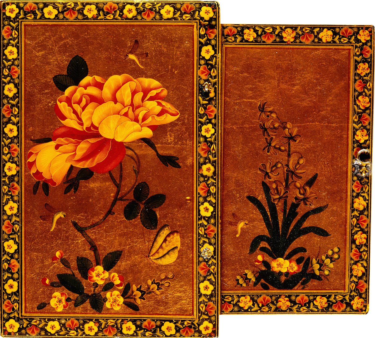 Przód i tył lusterka pomalowane odpowiednio hiacyntem i różą, XVII w. autorstwa Persian School