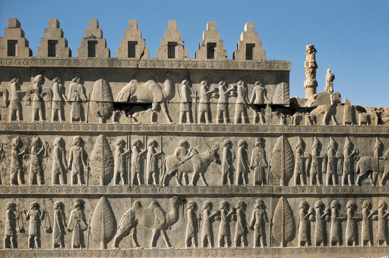 Pałac Dariusza I w Persepolis (Iran): detal wystroju apadany lub sali sądowej, przedstawiający uległe ludy przynoszące prezenty Dariuszowi I (550-486 pne, powiedział Wielki). Płaskorzeźba, VI pne, sztuka perska, szlak z epoki. autorstwa Persian School