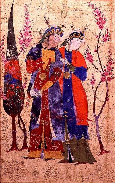 Dwie księżniczki w ogrodowym krajobrazie, z Tohfat Al-Ahrar, Bokhara School autorstwa Persian School