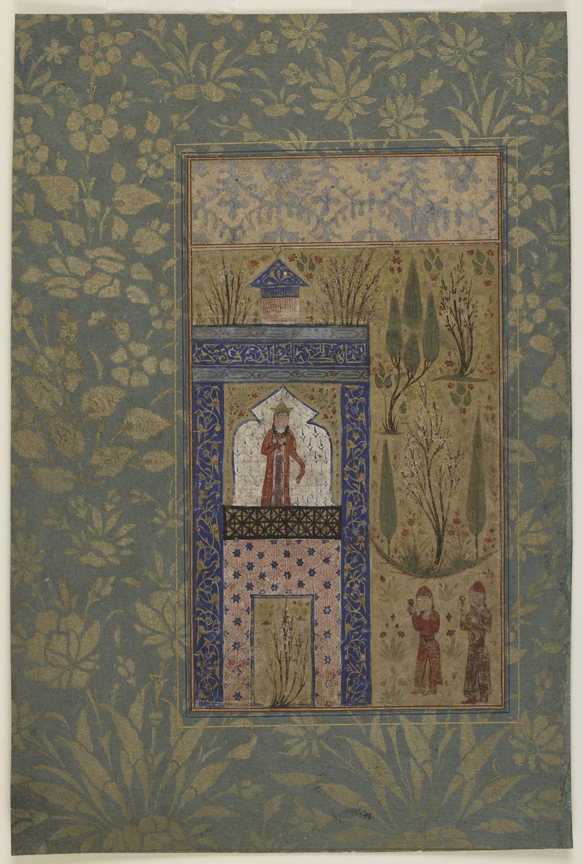 Dwoje młodzieńców przed księżniczką przy oknie, ok. 1417-18 (nieprzezroczysta akwarela i złoto na papierze) autorstwa Persian School